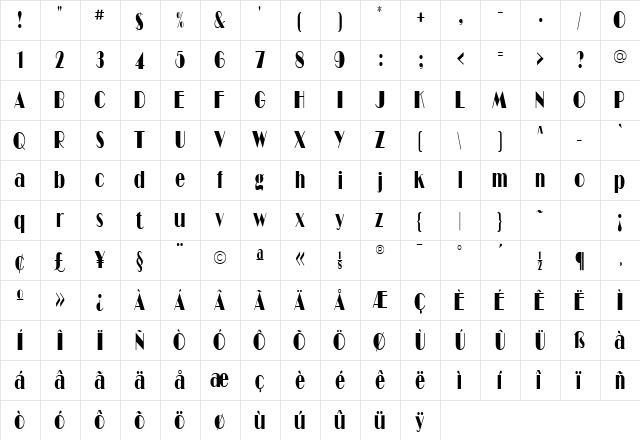 Barbe Display Condensed SSi Condensed  glyph index