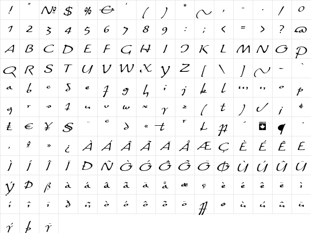 Quiller Regular  glyph index