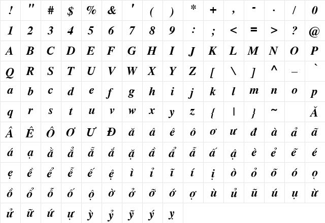 .VnTime Bold Italic  glyph index