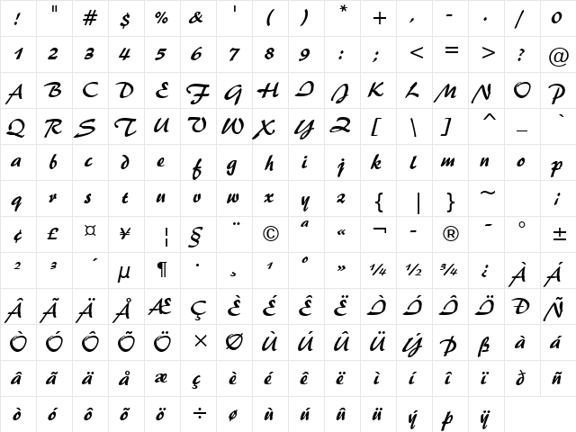Brush455 BT Regular  glyph index
