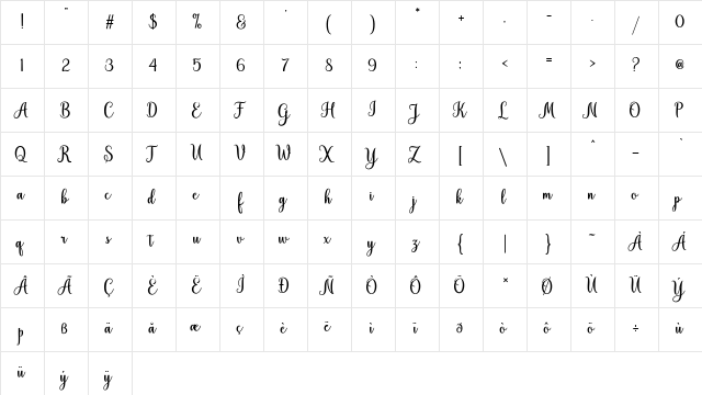 Hiyida Script Demo Regular  glyph index