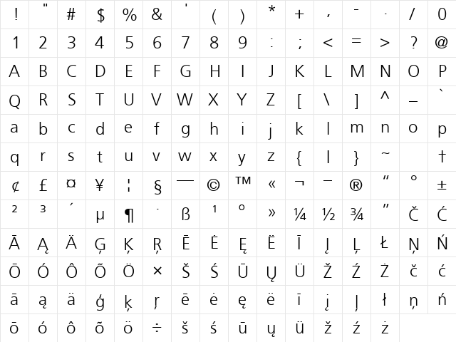 BaltFrutiger Light  glyph index