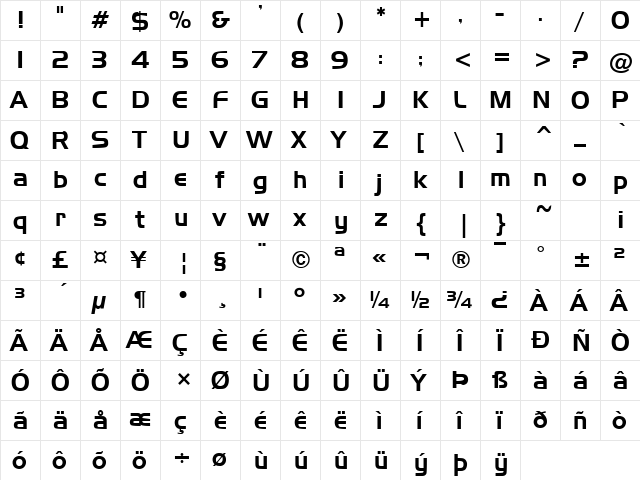 Newtown Regular  glyph index