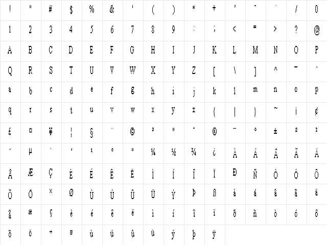 ARashNaziBlurb Regular  glyph index