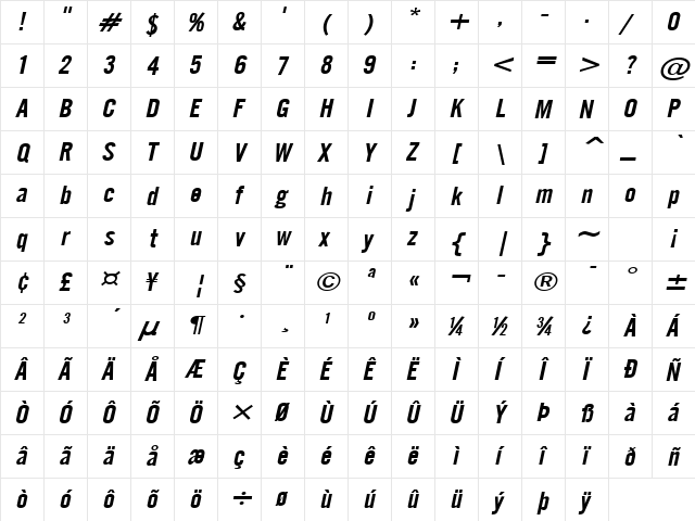 English Gothic-Extended Italic  glyph index