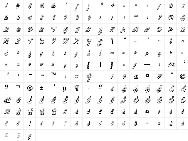 Hillary Regular  glyph index