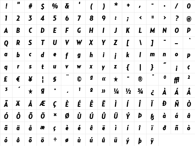 RelayCond-BlackItalic Regular  glyph index