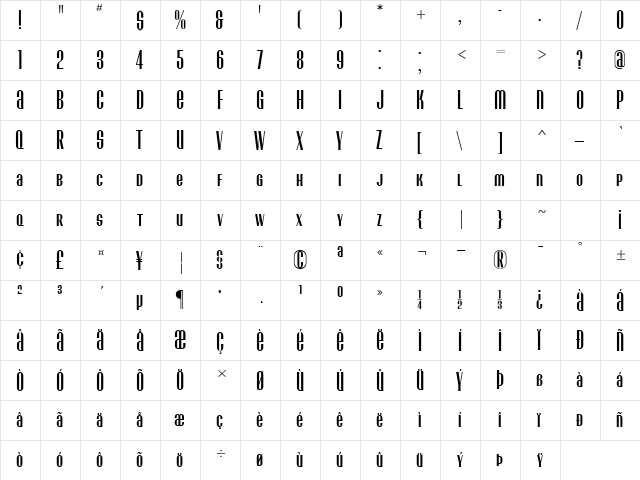 EunoiaCondensedUnicase Regular  glyph index