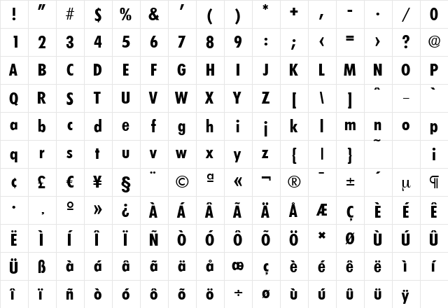 LimerickCdSerial Bold  glyph index