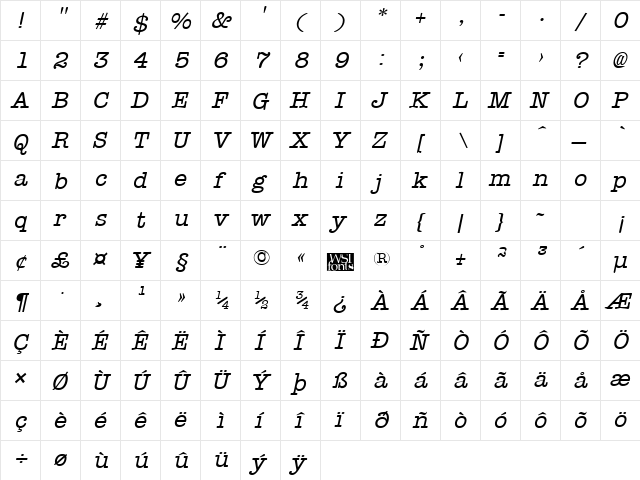 Typist Italic  glyph index
