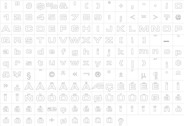 Euro TechnicExtBoldOutline  glyph index