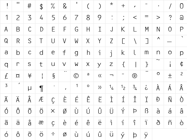 OCRF Light  glyph index