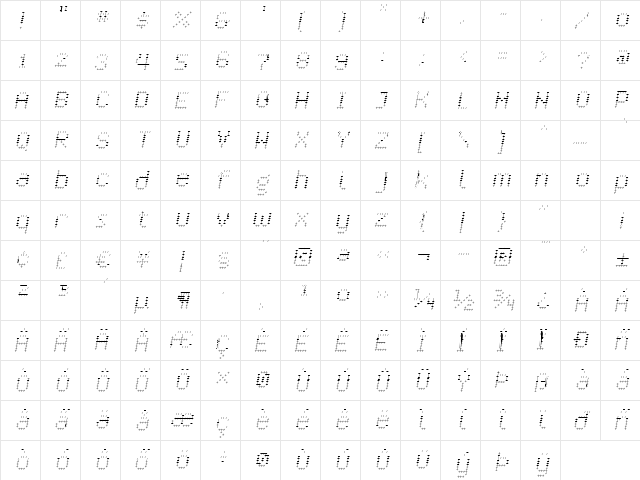Crossover ExtraLightOblique  glyph index