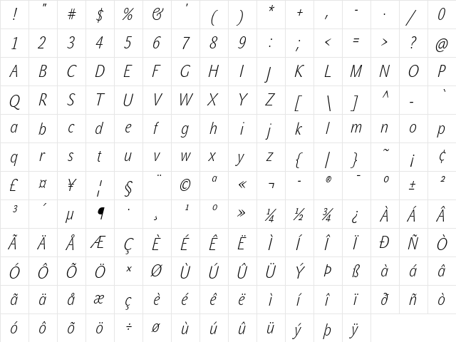 JohnSansCond White Pro Italic  glyph index