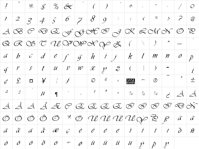 Vivacious Regular  glyph index