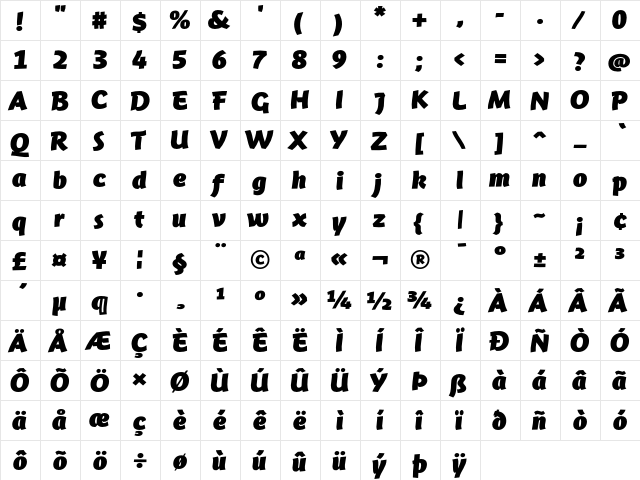 JambonoTF-Black Regular  glyph index