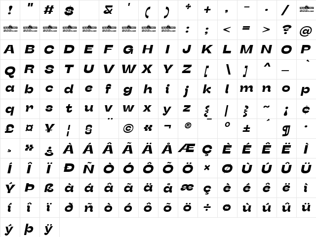 Stinger Wide Trial Bold Italic  glyph index