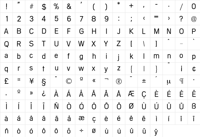 Mercedes-Light Regular  glyph index