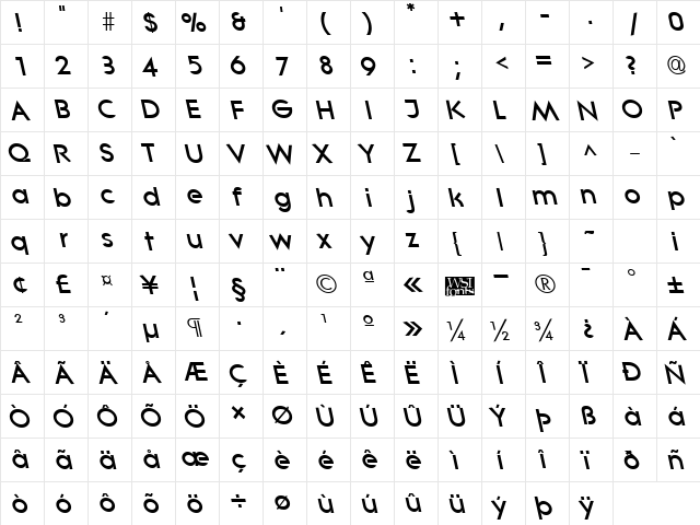 LitheLeftyExtrabold Regular  glyph index