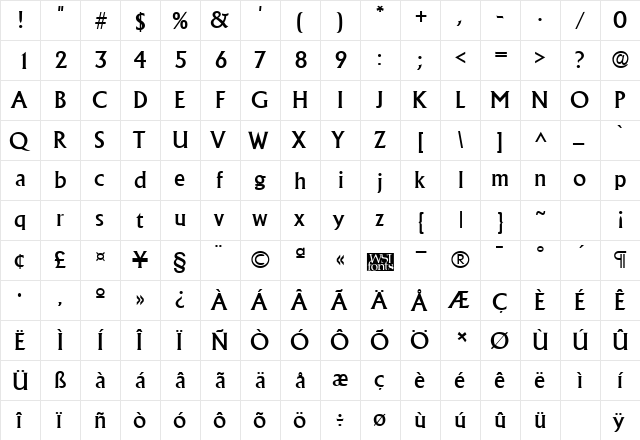 Alberta Regular  glyph index