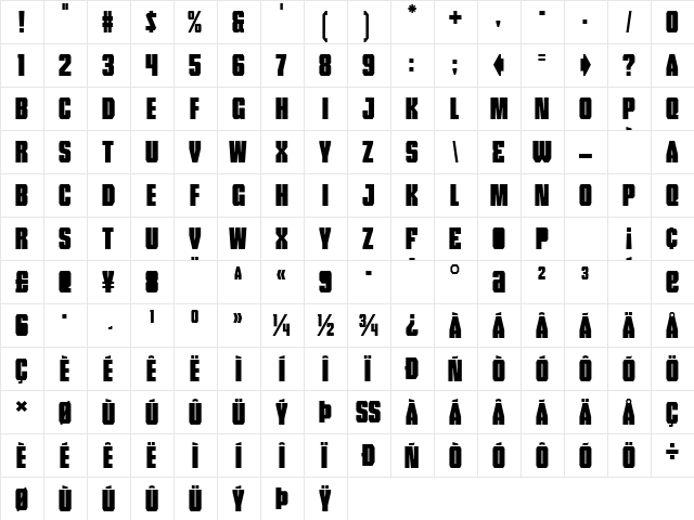 Tank Regular  glyph index