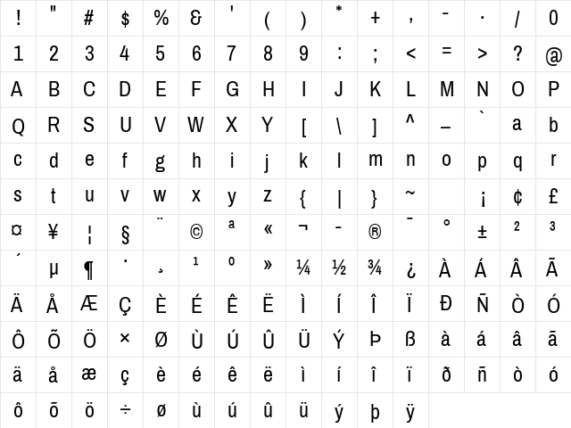 Archivo Narrow Regular  glyph index