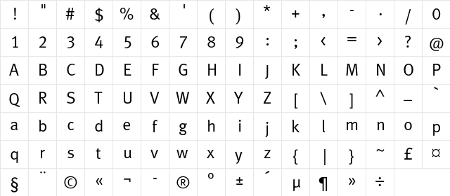 MetaNormalLFC Regular  glyph index