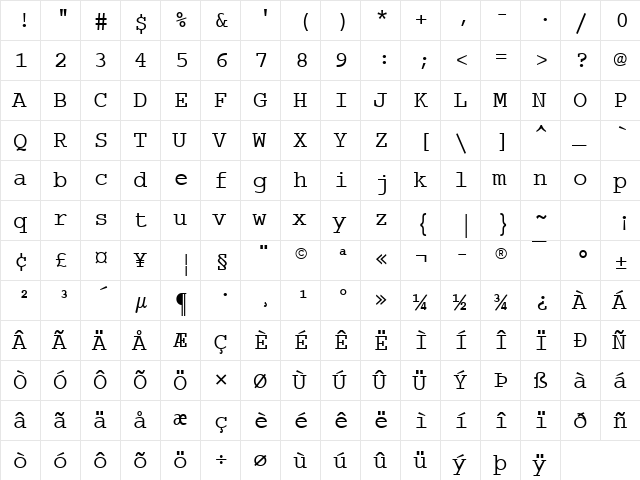 Dark Courier Regular  glyph index