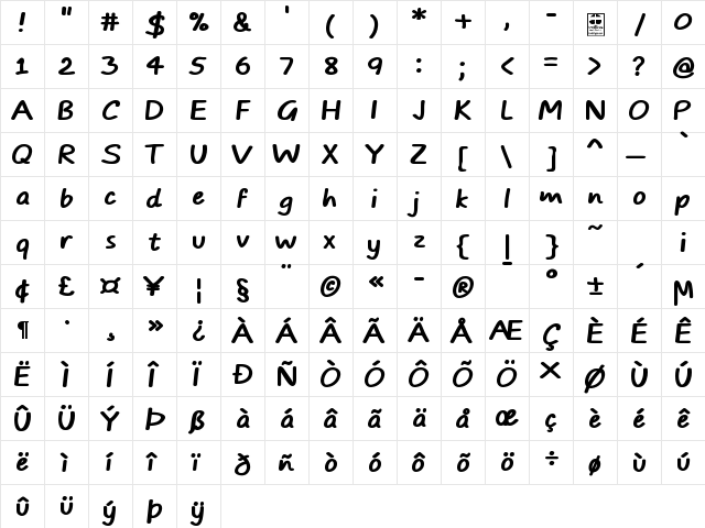 TYPO COMICS Bold DEMO Regular  glyph index