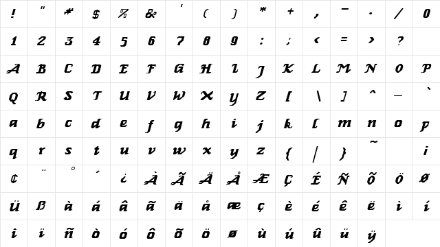 Seville Italic Regular  glyph index