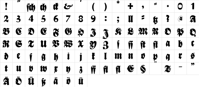 Bayreuth Regular  glyph index