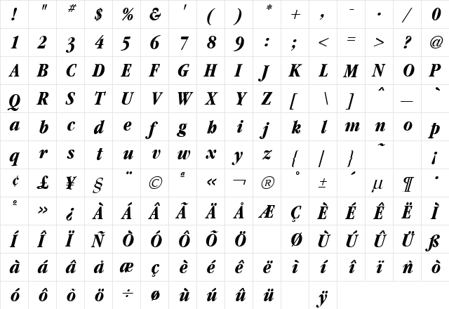 Garamond Condensed Bold Italic  glyph index