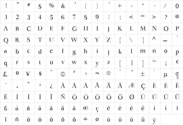 JardineLight Regular  glyph index