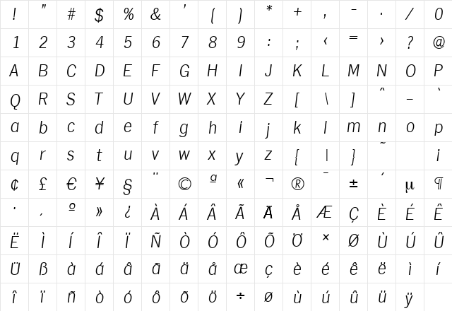 HamburgSerial-Xlight Italic  glyph index