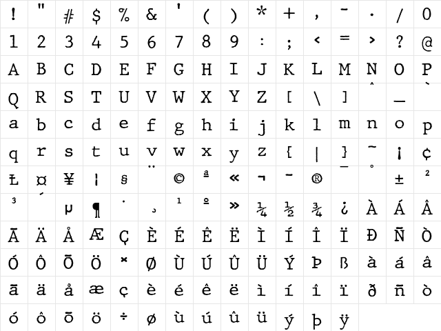 JMH Typewriter Regular  glyph index
