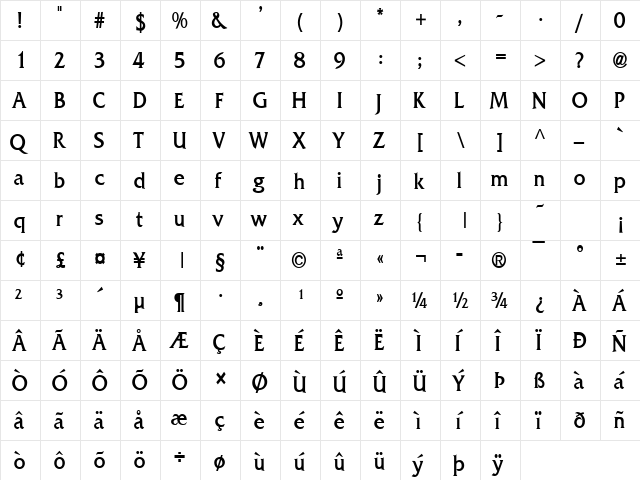 Franco-Condensed Bold Italic  glyph index