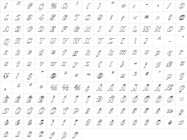 FZ BASIC 56 HOLLOW ITALIC Normal  glyph index