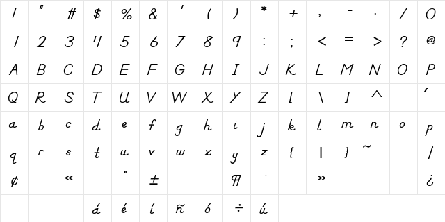 DN Manuscript Bold Regular  glyph index