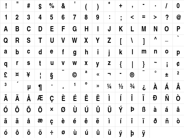 Helvetica Bold Narrow  glyph index