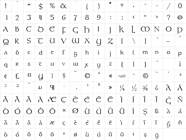 Tolkien Regular  glyph index