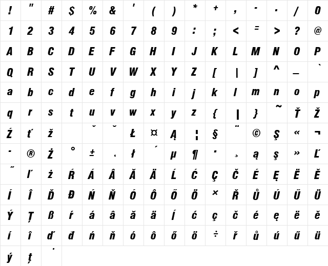 NimbusSanDEEBlaCon Italic  glyph index