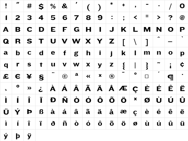 Knockout Medium  glyph index