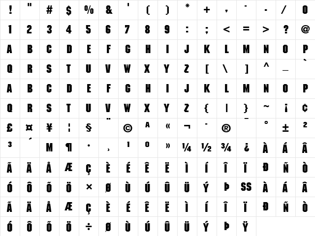 ITC Machine Bold  glyph index