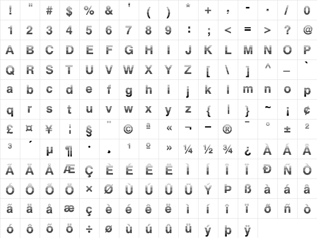 ModernGradate Regular  glyph index