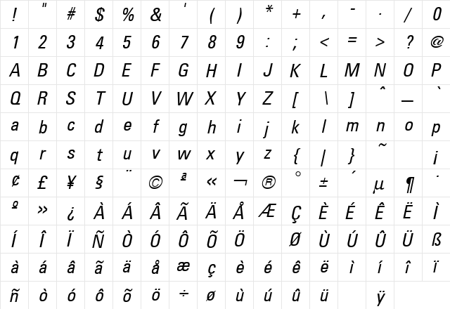 Uniform Condensed Italic  glyph index