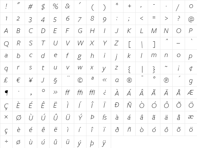 FreightSans LightItalic  glyph index