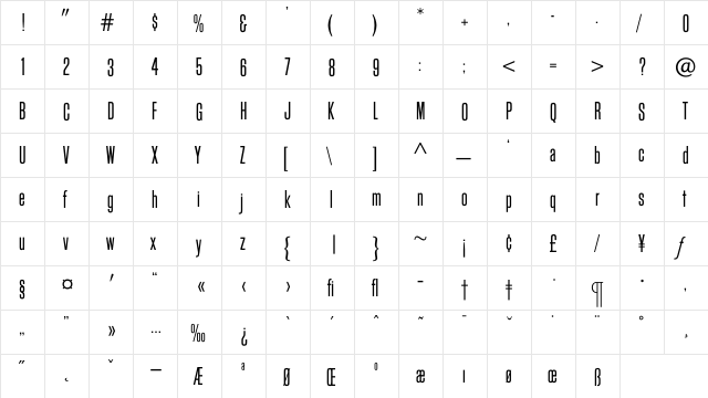 BlockGothicLightExtraCond Regular  glyph index