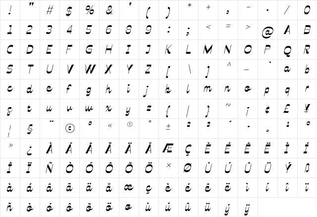 Celestine Bold Italic  glyph index