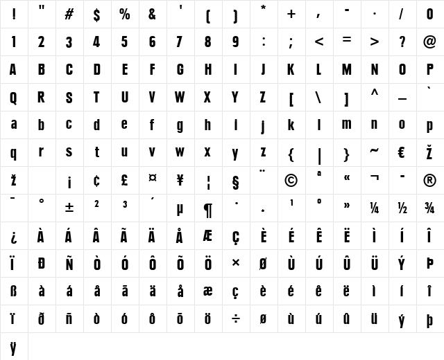 Plak LT BlackCondensed Regular  glyph index