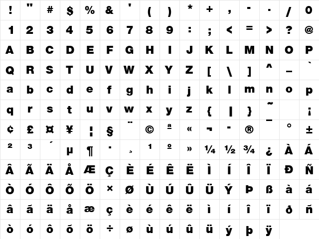 NimbusSanNovEBla Regular  glyph index